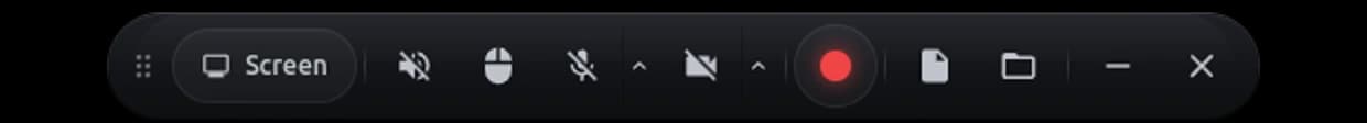 The Reframe HUD: a small pill toolbar with source, system audio, cursor, microphone, webcam and record buttons.