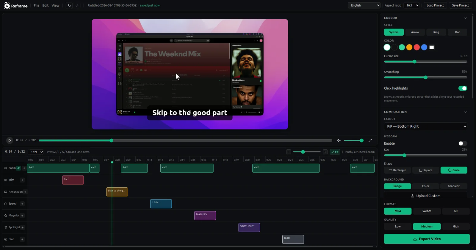 The Reframe editor with the zoom lane filled by automatically suggested 2.2× zoom keyframes across the timeline.